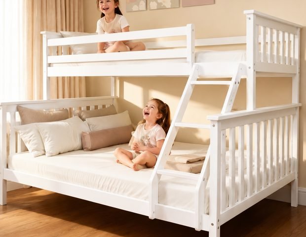 White wooden bunk bed with ladder in a kids room