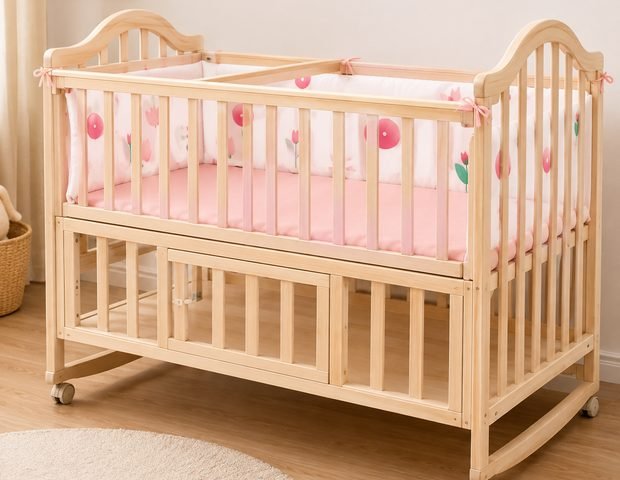 Natural pine baby cot with storage drawer