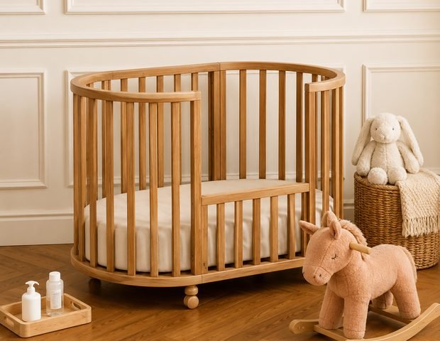 Oval wooden baby cot in a nursery