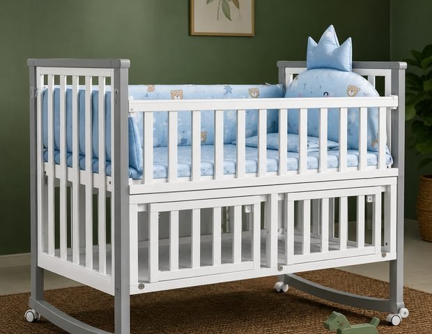 White and grey baby cot with rocking base