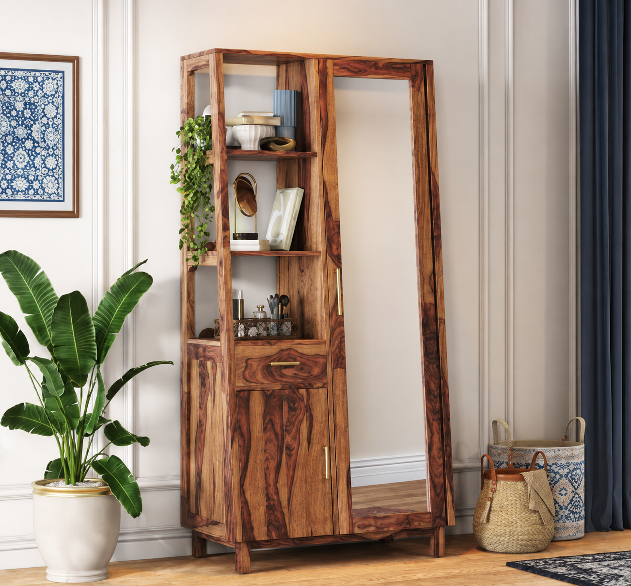 Walnut dressing unit with mirror and glass shelves