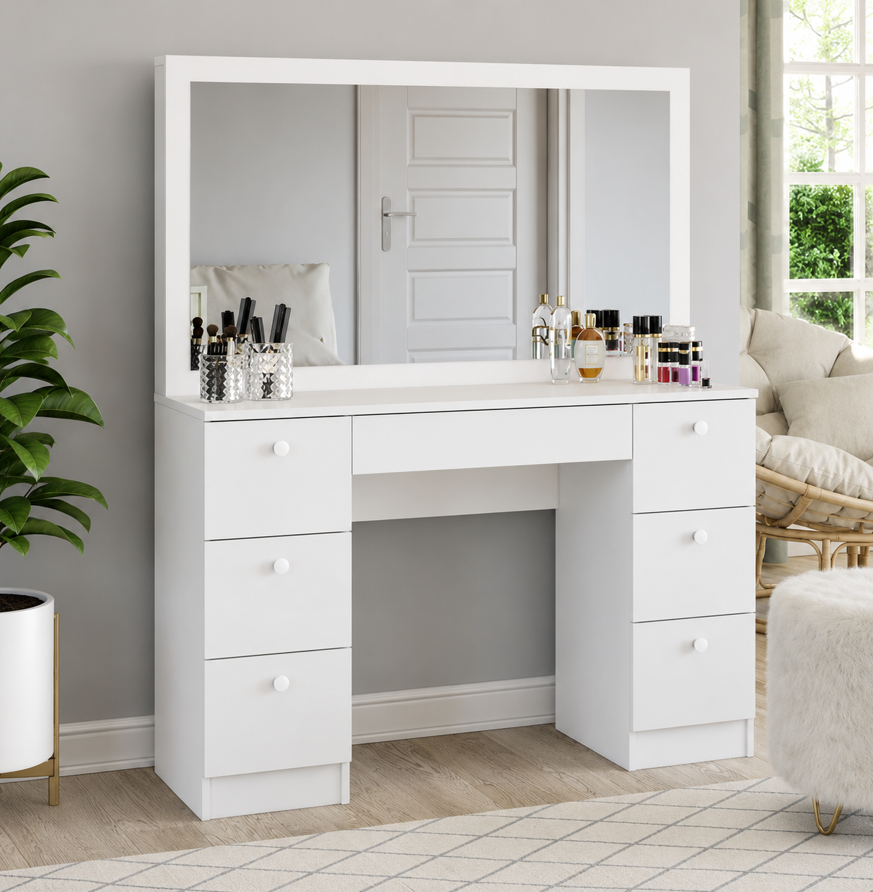 Wooden vanity unit with a wall mirror