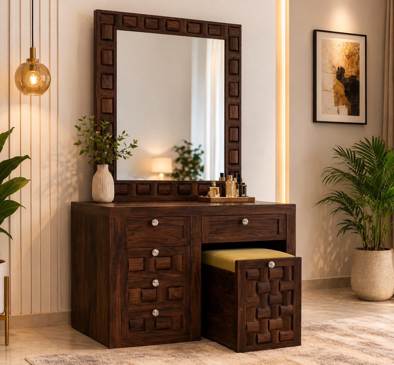 Console table with a round mirror above it