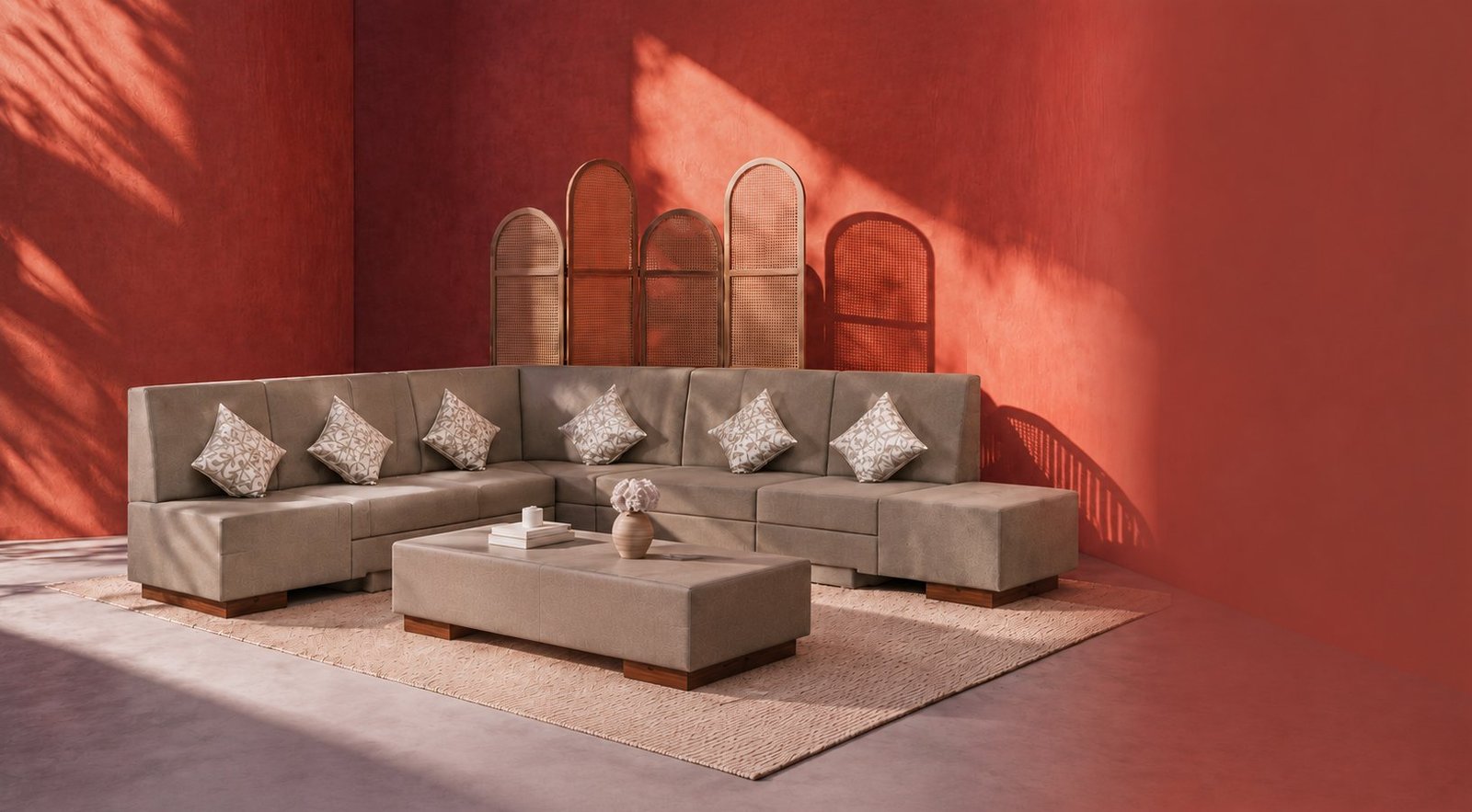 Large L-shaped sofa set with matching centre table against a terracotta wall