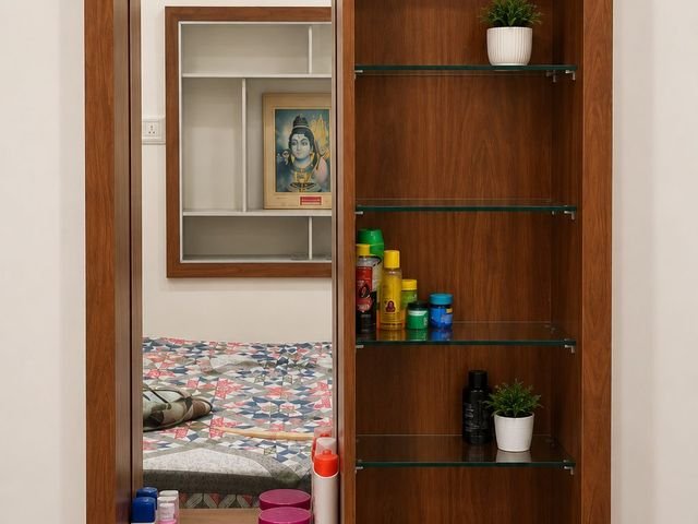 Walnut dressing unit with mirror and glass shelves