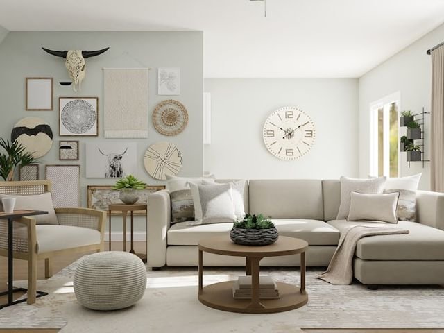 L shaped sectional sofa in a bright living room