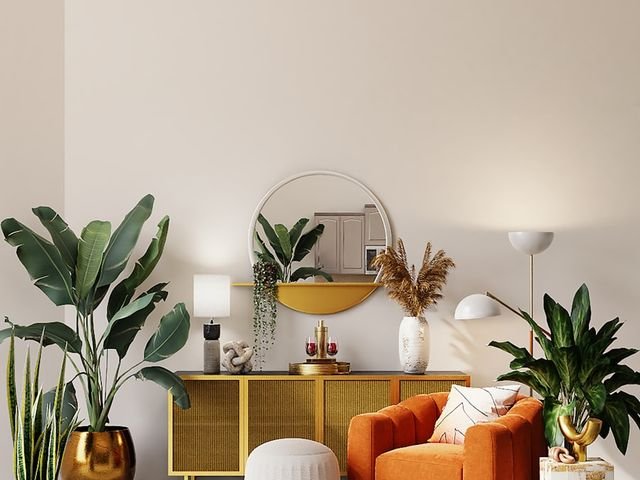 Mustard sideboard with mirror above it