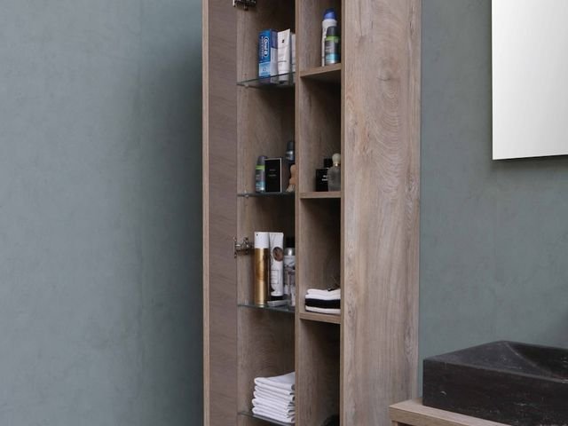Tall wooden storage cabinet with shelves