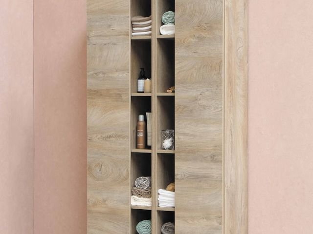 Wall mounted wooden cabinet with open shelves