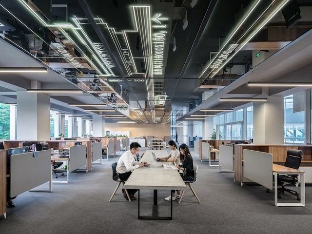 Open plan office workstations with partitions