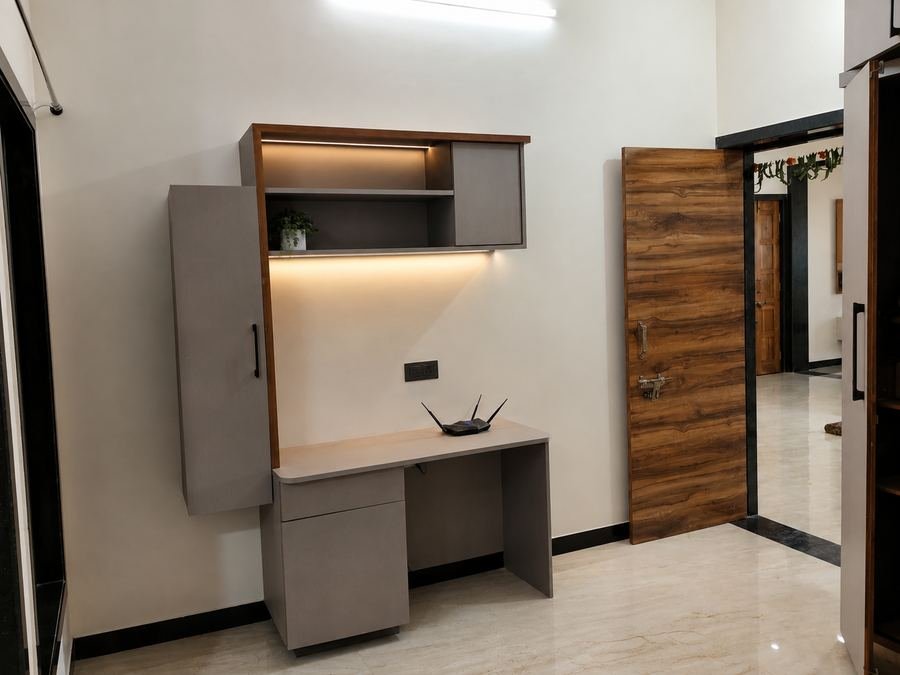 Study table with overhead storage cabinet and LED lighting