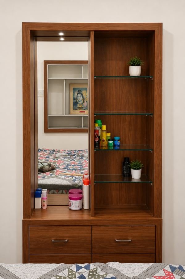 Wooden dressing unit with mirror, glass shelves and drawers