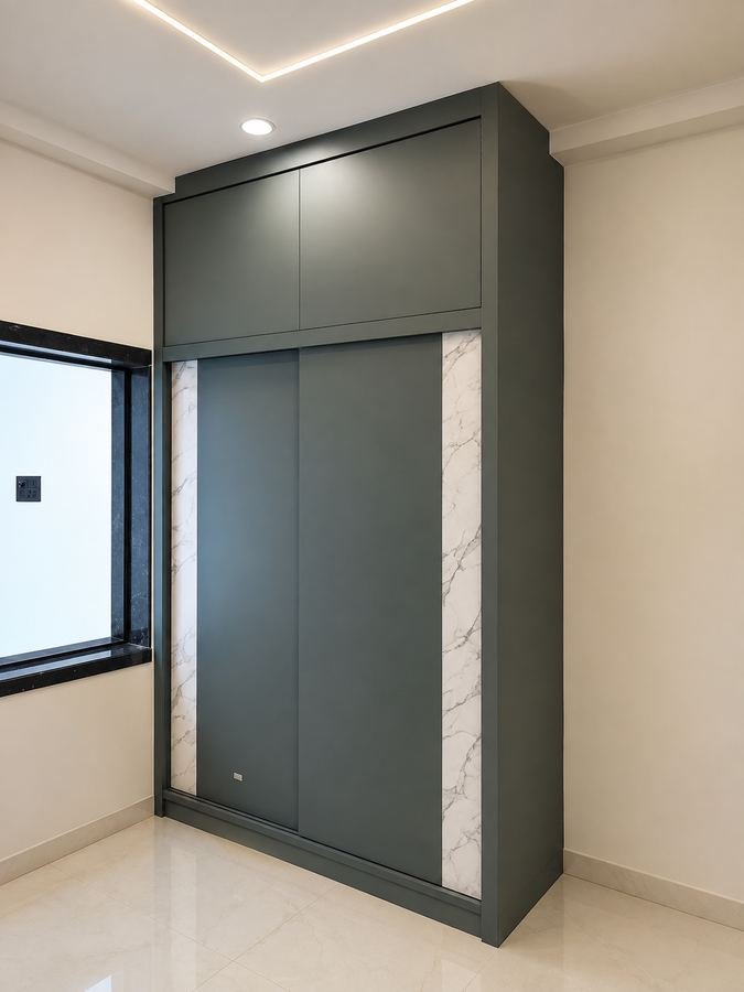 Sliding wardrobe in dark olive with white marble accent panels