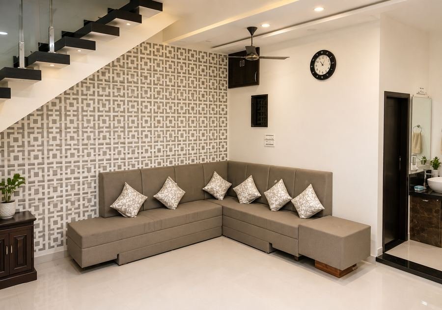 L-shaped fabric sofa with storage base under a staircase